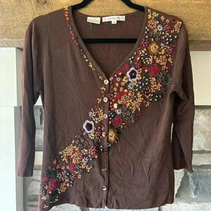 Lou Lou Cardigan Women’s M Choc Brown Beaded Embroidered 90s Y2K Retro Floral